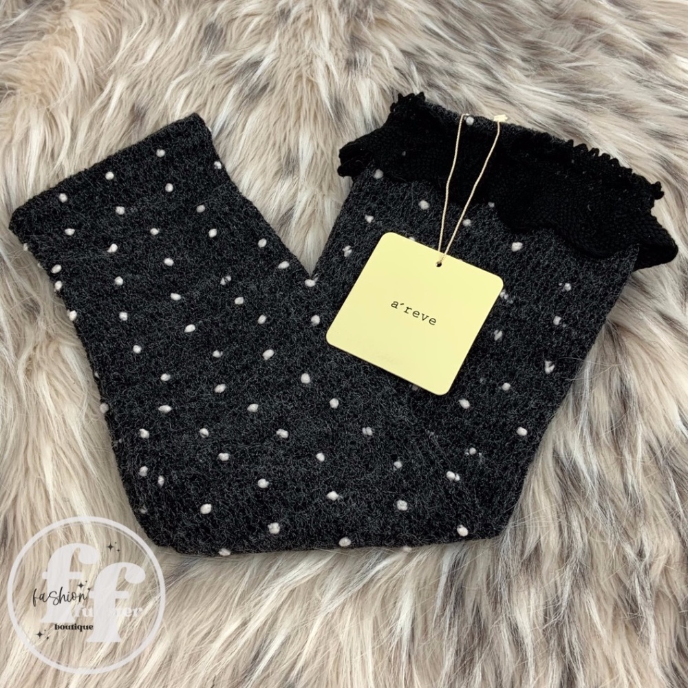 Areve Cozy Black Boho Knit Lace Trim Retro Polka Dot OTK Leg Warmers Boot Cuffs